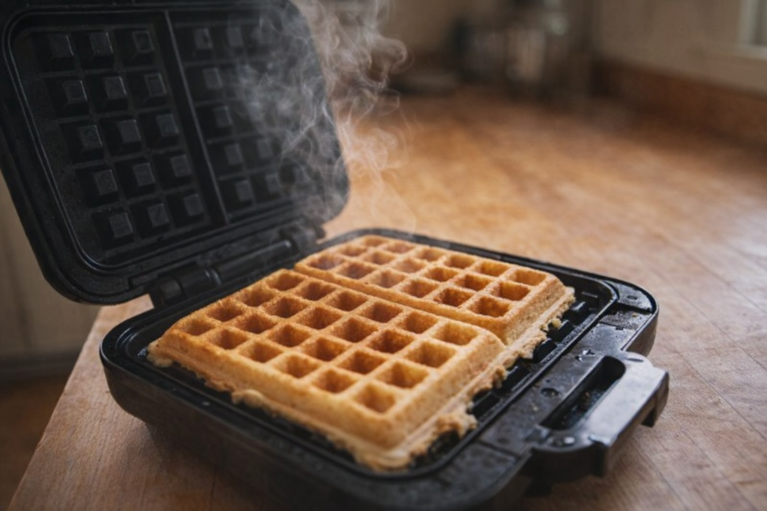 A medium shot of a waffle iron open, revealing a golden brown waffle inside, steam rising, kitchen environment, warm lighting
